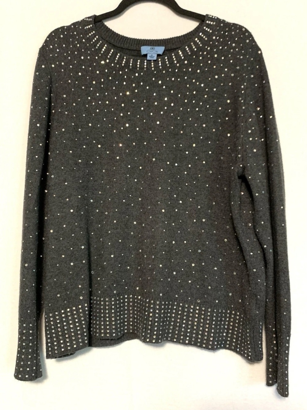 CeCe Gray Rhinestone Sweater Women’s XL Sparkle Crew Neck